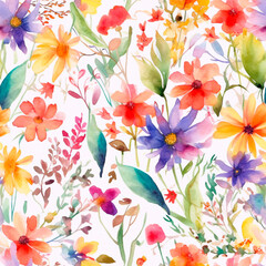 Seamless watercolor summer floral pattern. Generative AI