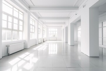 Obraz na płótnie Canvas Minimalist, empty white interior in a unique perspective. Generative AI