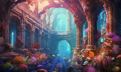 Fantasy-Tempelruine unter Wasser. Generative KI