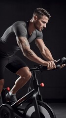 Fototapeta na wymiar Muscular man running on a stationary bicycle , ai, ai generative, illustration