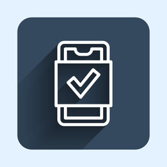 White line Mobile phone shopping icon isolated with long shadow background. Online buying symbol. Supermarket basket symbol. Blue square button. Vector