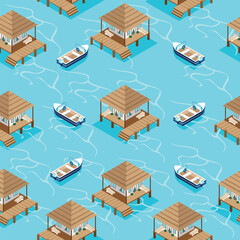 seamless pattern isometric bungalows, houses in the sea with waves and boats.vector illustration.