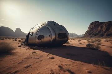 Fototapeta na wymiar Futuristic alien capsule parked in a desert landscape. Generative AI