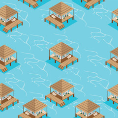 seamless pattern isometric bungalows, houses in the sea with waves.vector illustration.