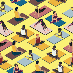 seamless pattern isometric people doing yoga.harmony. self-knowledge.vector illustration.