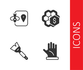 Set Beekeeper glove, location, Beekeeping brush and Sale of honeycomb icon. Vector