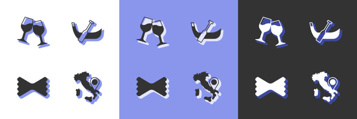 Set Map of Italy, Wine glass, Macaroni and Gondola boat icon. Vector