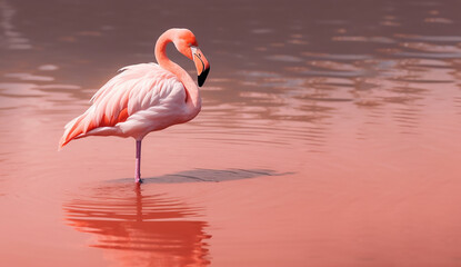 Flamingo stands in pink water, wildlife.
