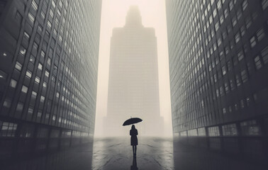 Frau mit Regenschirm vor Stadt Gebäuden - Business