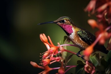 Hummingbird in flight sucking nectar from flowers. Tropical wildlife.