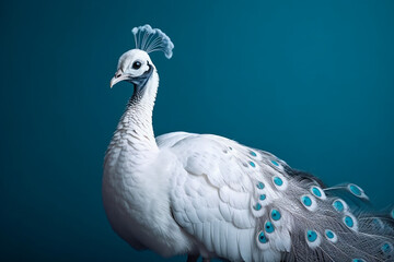 Fototapeta premium Beautiful peacock isolated on blue background