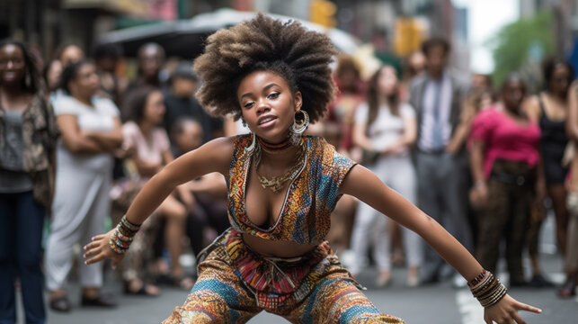 Young adult afro american dancer woman on street. Image Generative AI.