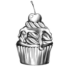 cupcake with cherry monochrome sketch. tasty sweet delicious dessert isolated illustration. simple design for logo, cafe menu or print