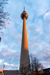 The television tower of Berlin is a tower for antennas radio and television transmitters in central Berlin. It is a well-known landmark of the city, - obrazy, fototapety, plakaty