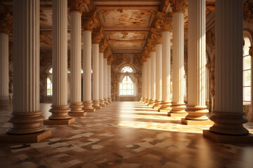 Fototapeta premium Grandiose 3D Column Wallpaper in an Old Palace Interior, generative Ai