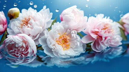Beautiful flowers peonies floating on the water on a blue background. Top view, flat lay. Generative AI.