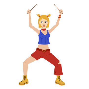 punk rock black music girl beat drums red blue clothes in the white backgrounds glamour