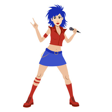 punk rock black music girl vocal and microphone red blue clothes in the white backgrounds glamour