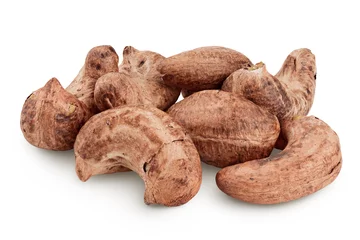 Fotobehang cashew nuts heap with shell isolated on white background © kolesnikovserg