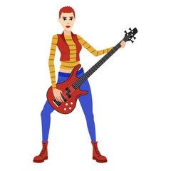 Fototapeta na wymiar punk rock metal girl and guitar bass red blue clothes in the white backgrounds