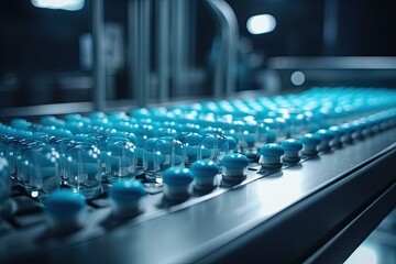Blue Capsules are Moving on Conveyor at Modern Pharmaceutical Factory. Tablet and Capsule Manufacturing Process. Close-up Shot of Medical Drug. Image generated by artificial intelligence
