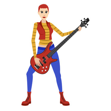 punk rock metal girl and guitar bass red blue clothes in the white backgrounds