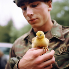 Soldier, man in military uniform, holds small defenseless fluffy chicken in his hands. Concept against war, no war, importance of protecting life, ai generative