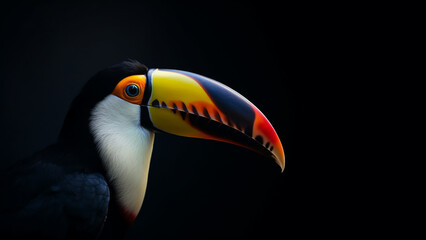 Toucan, close-up, portrait of a bird with a large beak isolated on a black background