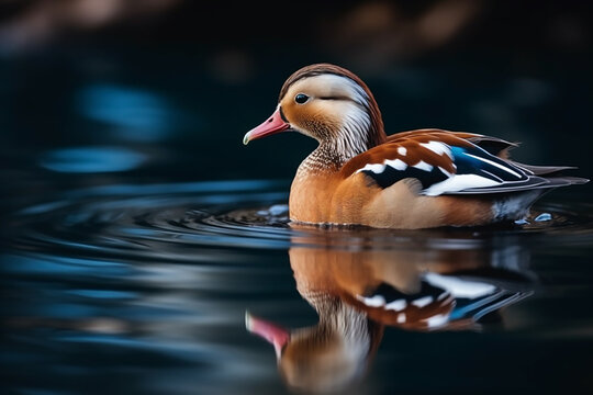A lone duck swims in shallow blue water with its head up.