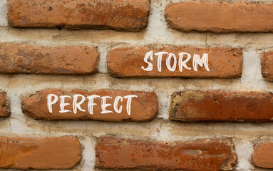 Perfect storm symbol. Concept words Perfect storm on beautiful red brown brick wall on beautiful red brown brick wall background. Business and Perfect storm concept. Copy space.