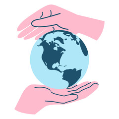 Hands holding planet, charity, donation, ecology, help concept, World Environment Day, Save the Earth, sustainability, ecological zero waste lifestyle. Flat modern illustration, isolated on the white 