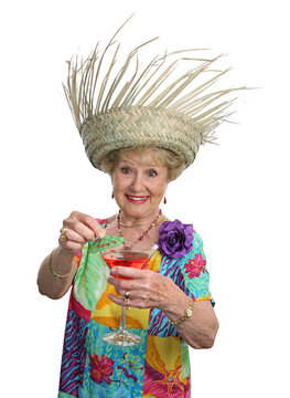 A beautiful senior woman inviting you to join her for a cocktail.