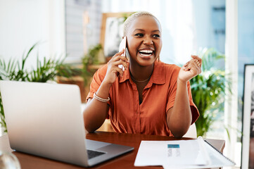 Phone call, laugh and business black woman in office for contact, connection and network. Corporate, communication and happy female worker on smartphone for funny conversation, discussion and chat - Powered by Adobe