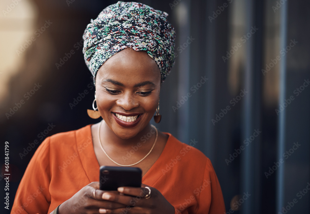 Aufkleber Black woman, happiness and phone typing with online communication and networking. Happy, smile and business employee on a mobile with social media and internet scroll reading a web message with joy