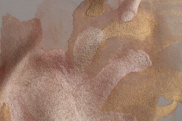Grain wet watercolor paper texture blot painting wall. Abstract nacre silver, gold, beige marble copy space background.