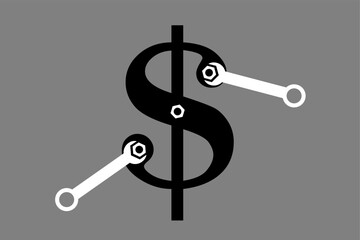 Fixing and repairing US economy and finance. Broken American dollar is repaired by key, tool and equipment. Tightening as solving financial and economic failure and breakdown. Vector illustration.