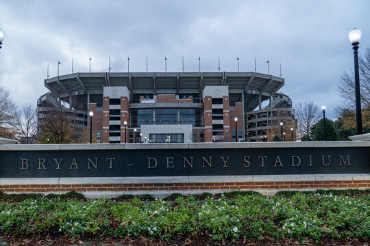 Bryant-Denny Stadium on the campus of The University of Alabama on an overcast day.