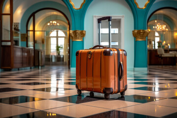 A vacation travel suitcase in the lobby of a luxury hotel. Generative ai