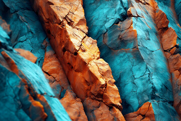 Orange and teal rock formation, revealing a rough blue - green stone granite mountain surface, background wallpaper.