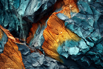 Orange and teal rock formation, revealing a rough blue - green stone granite mountain surface, background wallpaper.