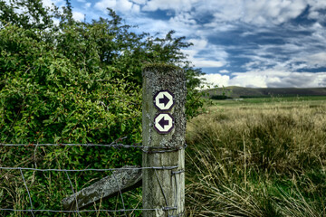 Post with footpath signs in the Harperrig Nature Reserve, located in the Pentlands Nature Park, Edinburgh.