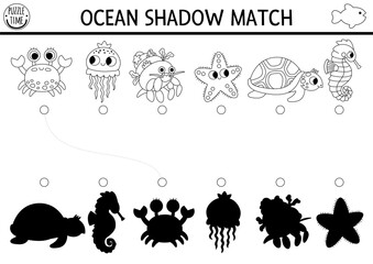 Under the sea black and white shadow matching activity. Ocean line puzzle with cute crab, jellyfish, starfish, seahorse. Find correct silhouette printable worksheet. Water animals coloring page.