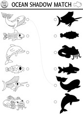 Under the sea black and white shadow matching activity with fish. Ocean line puzzle with cute whale, dolphin, shark. Find correct silhouette printable worksheet. Water animals coloring page.