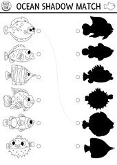 Under the sea black and white shadow matching activity with fish. Ocean line puzzle with cute flounder, bass, clownfish. Find correct silhouette printable worksheet. Water animals coloring page.