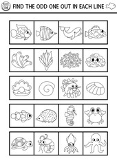 Find the odd one out. Under the sea black and white logical activity. Ocean life line educational quiz worksheet for kids for attention skills. Simple water animals coloring page. - obrazy, fototapety, plakaty