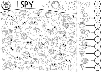 Under the sea black and white I spy game for kids. Searching and counting line activity with fish, whale, octopus, crab, turtle, jellyfish. Ocean life printable worksheet. Simple water coloring page.