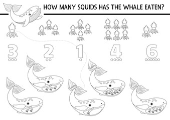 Match the numbers under the sea black and white game with whale eating squid. Ocean life line math activity for kids. Marine educational counting worksheet, coloring page with water animals.