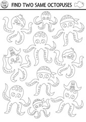 Find two same water animals. Under the sea black and white matching activity for children. Ocean life line educational worksheet for kids. Simple printable coloring page with cute pirate octopuses.