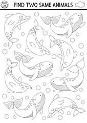 Find two same water animals. Under the sea black and white matching activity. Ocean life line educational worksheet for kids. Simple printable game, coloring page with whales and dolphins.