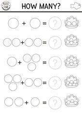 How many pearls game. Under the sea black and white math addition activity for preschool children. Simple ocean life printable line counting worksheet or coloring page for kids with seashell.